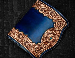 Handmade Leather Men Tooled Blue Floral Cool Leather Wallet Long Phone Clutch Wallets for Men - imessengerbags
