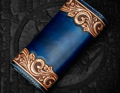Handmade Leather Men Tooled Blue Floral Cool Leather Wallet Long Phone Clutch Wallets for Men - imessengerbags