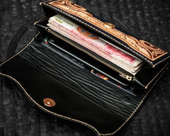 Handmade Leather Men Tooled Blue Floral Cool Leather Wallet Long Phone Clutch Wallets for Men - imessengerbags