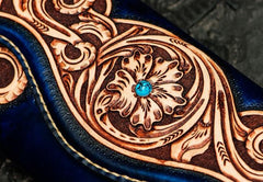 Handmade Leather Men Tooled Blue Floral Cool Leather Wallet Long Phone Clutch Wallets for Men - imessengerbags