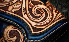 Handmade Leather Men Tooled Blue Floral Cool Leather Wallet Long Phone Clutch Wallets for Men - imessengerbags