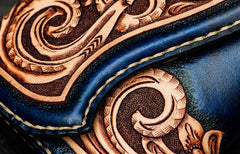 Handmade Leather Men Tooled Blue Floral Cool Leather Wallet Long Phone Clutch Wallets for Men - imessengerbags