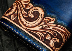 Handmade Leather Men Tooled Blue Floral Cool Leather Wallet Long Phone Clutch Wallets for Men - imessengerbags