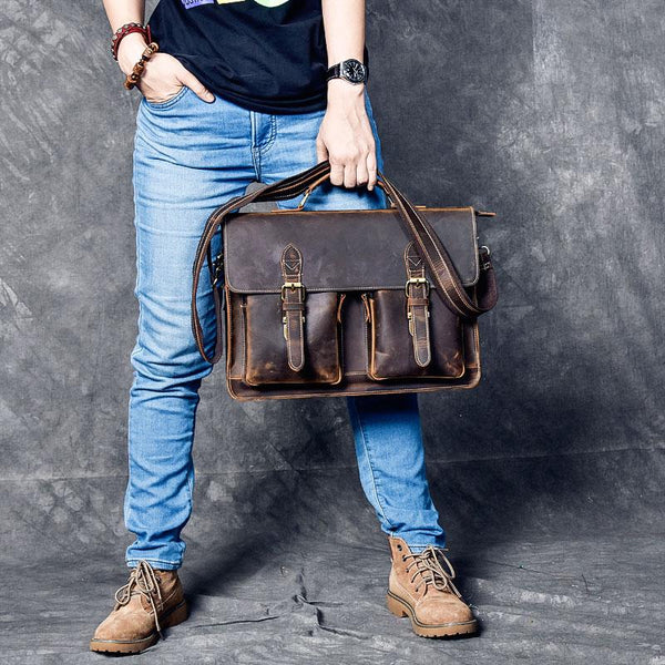 Vintage Leather Mens 14" Brown Laptop Briefcase Business Brown Briefcase For Men - imessengerbags