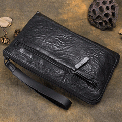 Handmade Cool Leather Mens Black Long Wallet Wirstlet Bag Black Zipper Clutch Wallet for Men - imessengerbags