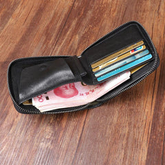 Cool Leather Mens Black Zipper Small billfold Wallet Leather Wallet Bifold billfold Wallets for Men - imessengerbags