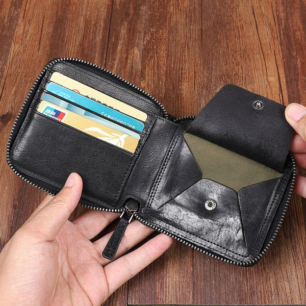 Cool Leather Mens Black Zipper Small billfold Wallet Leather Wallet Bifold billfold Wallets for Men