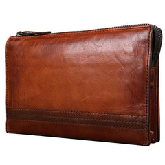 Handmade Brown Leather Mens Long Wallet Wristlet Wallet Brown Zipper Clutch Wallet for Men