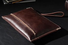Handmade Leather Mens Coffee Brown Clutch Vintage Wristlet Bag Clutch Wallet for Men - imessengerbags