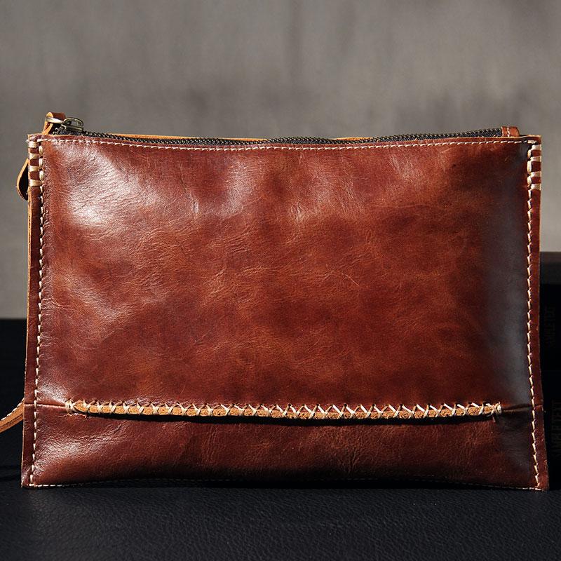 Handmade Leather Mens Coffee Brown Clutch Vintage Wristlet Bag Clutch Wallet for Men - imessengerbags