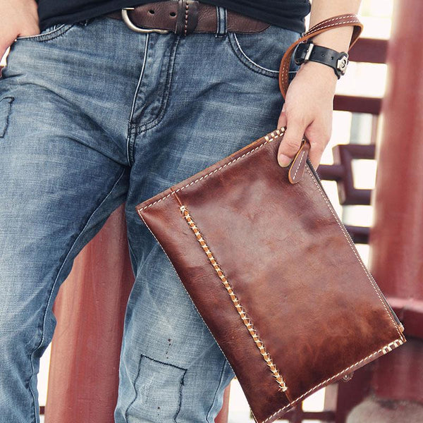 Handmade Leather Mens Coffee Brown Clutch Vintage Wristlet Bag Clutch Wallet for Men - imessengerbags