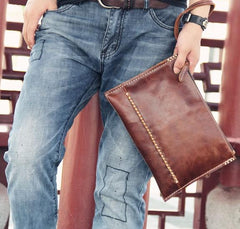 Handmade Leather Mens Coffee Brown Clutch Vintage Wristlet Bag Clutch Wallet for Men - imessengerbags
