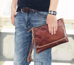 Handmade Leather Mens Coffee Brown Clutch Vintage Wristlet Bag Clutch Wallet for Men - imessengerbags