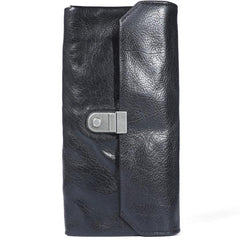 Handmade Black Cool Leather Mens Long Leather Wallet Bifold Clutch Wallet Phone Bag for Men