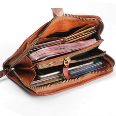 Handmade Leather Mens Cool Black Long Leather Wallet Brown Zipper Clutch Wallet Phone Bag for Men - imessengerbags