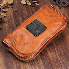 Handmade Leather Mens Cool Black Long Leather Wallet Brown Zipper Clutch Wallet Phone Bag for Men - imessengerbags
