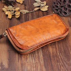 Handmade Leather Mens Cool Black Long Leather Wallet Brown Zipper Clutch Wallet Phone Bag for Men - imessengerbags