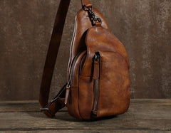 Handmade Leather Mens Cool Chest Bag Sling Bag Crossbody Bag Travel Bag Hiking Bag for men