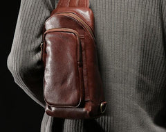 Handmade Leather Mens Cool Chest Bag Sling Bag Crossbody Bag Travel Bag Hiking Bag for men