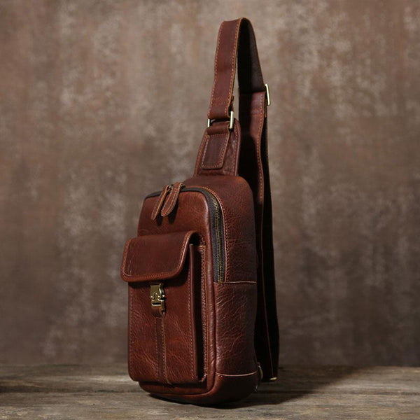 Handmade Leather Mens Cool Chest Bag Sling Bag Crossbody Bag Travel Bag Hiking Bag for men