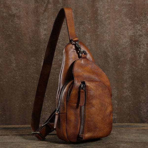 Handmade Leather Mens Cool Chest Bag Sling Bag Crossbody Bag Travel Bag Hiking Bag for men