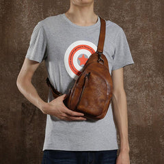 Handmade Leather Mens Cool Chest Bag Sling Bag Crossbody Bag Travel Bag Hiking Bag for men