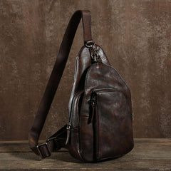 Handmade Leather Mens Cool Chest Bag Sling Bag Crossbody Bag Travel Bag Hiking Bag for men