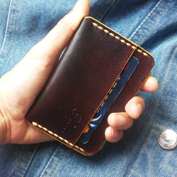 Handmade Leather Mens Slim Front Pocket Wallets Leather Card Wallet for Men - imessengerbags