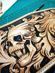 Handmade Leather billfold Tooled Skull Biker Wallet Mens Wallet With Chain Wallet Biker Wallet for Men - imessengerbags