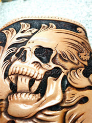 Handmade Leather billfold Tooled Skull Biker Wallet Mens Wallet With Chain Wallet Biker Wallet for Men - imessengerbags