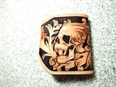 Handmade Leather billfold Tooled Skull Biker Wallet Mens Wallet With Chain Wallet Biker Wallet for Men - imessengerbags