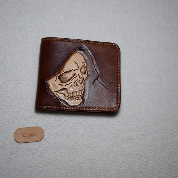 Handmade Leather Skull Death Tooled Mens billfold Wallet Cool Leather Wallet Slim Wallet for Men - imessengerbags