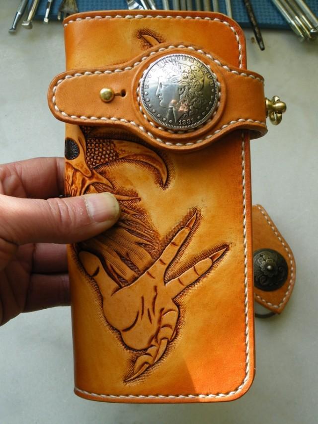 Handmade Leather Skull Devil Mens Chain Wallet Biker Wallet Cool Leather Wallet Long Tooled Wallets for Men