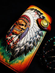 Handmade Leather Skull Indian Mens Chain Wallet Biker Wallet Cool Leather Wallet Long Tooled Wallets for Men - imessengerbags