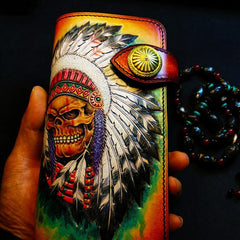 Handmade Leather Skull Indian Mens Chain Wallet Biker Wallet Cool Leather Wallet Long Tooled Wallets for Men - imessengerbags