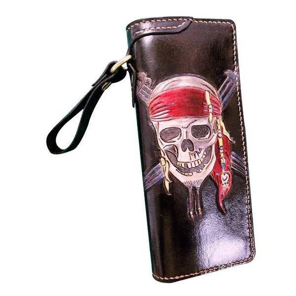 Handmade Leather Skull Pirate Mens Chain Wallet Biker Wallet Cool Leather Wallet Long Tooled Wallets for Men - imessengerbags