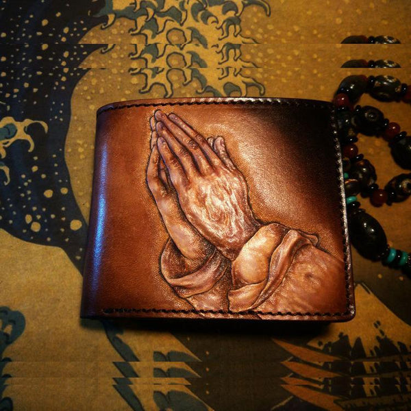 Handmade Leather Praying Tooled Mens billfold Wallet Cool Leather Wallet Slim Wallet for Men - imessengerbags