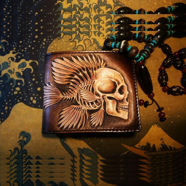 Handmade Leather Skull Fish Tooled Mens billfold Wallet Cool Leather Wallet Slim Wallet for Men - imessengerbags