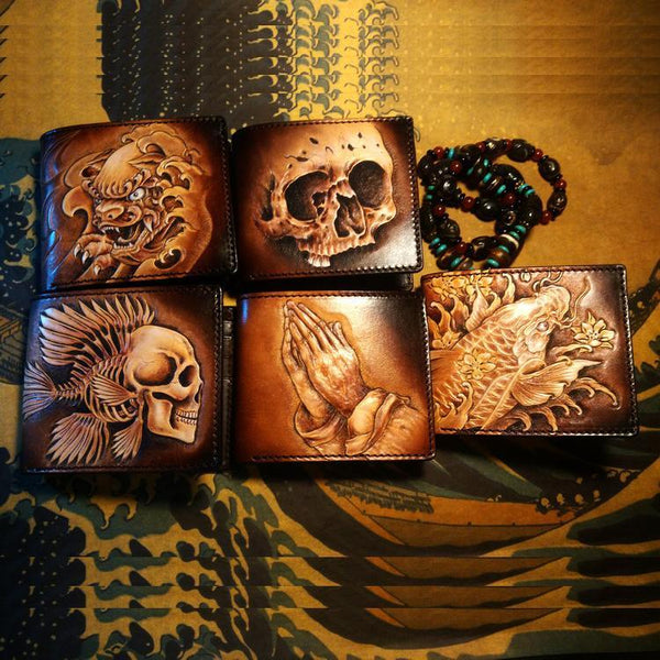 Handmade Leather Skull Tooled Mens billfold Wallet Cool Leather Wallet Slim Wallet for Men - imessengerbags