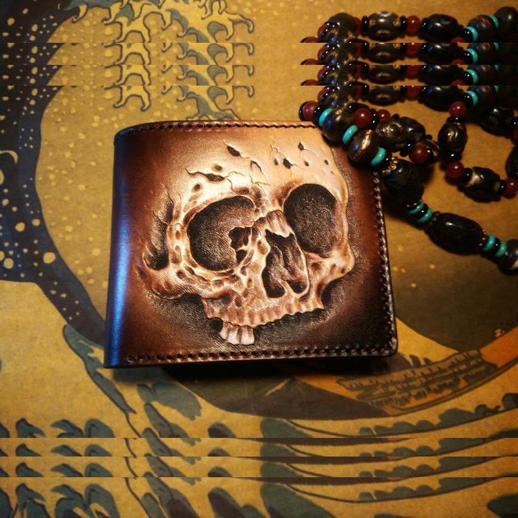 Handmade Leather Skull Tooled Mens billfold Wallet Cool Leather Wallet Slim Wallet for Men