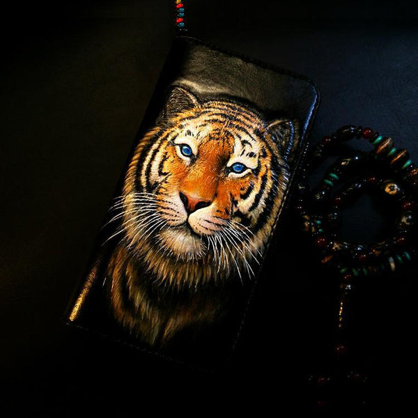 Handmade Leather Tiger Zipper Mens Long Wallet Clutch Cool Leather Wallet Long Tooled Wallets for Men - imessengerbags