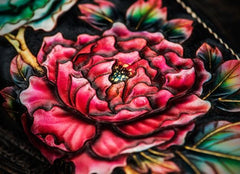 Handmade Leather Tooled Black Peony Cool Leather Wallet Zipper Long Phone Clutch Wallets for Women - imessengerbags