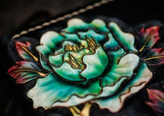 Handmade Leather Tooled Black Peony Cool Leather Wallet Zipper Long Phone Clutch Wallets for Women - imessengerbags