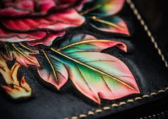 Handmade Leather Tooled Black Peony Cool Leather Wallet Zipper Long Phone Clutch Wallets for Women - imessengerbags