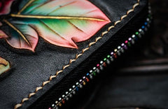 Handmade Leather Tooled Black Peony Cool Leather Wallet Zipper Long Phone Clutch Wallets for Women - imessengerbags