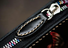 Handmade Leather Tooled Black Peony Cool Leather Wallet Zipper Long Phone Clutch Wallets for Women - imessengerbags