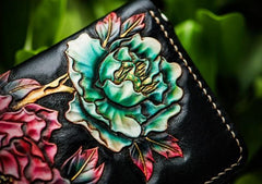 Handmade Leather Tooled Black Peony Cool Leather Wallet Zipper Long Phone Clutch Wallets for Women - imessengerbags