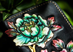 Handmade Leather Tooled Black Peony Cool Leather Wallet Zipper Long Phone Clutch Wallets for Women - imessengerbags