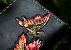 Handmade Leather Tooled Black Peony Cool Leather Wallet Zipper Long Phone Clutch Wallets for Women - imessengerbags