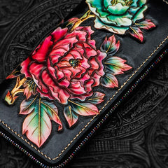 Handmade Leather Tooled Black Peony Cool Leather Wallet Zipper Long Phone Clutch Wallets for Women - imessengerbags